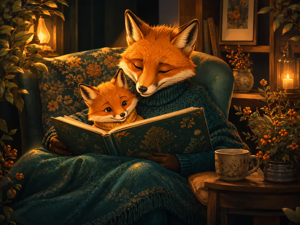 A child listening to a richly illustrated story in a warm hidden library